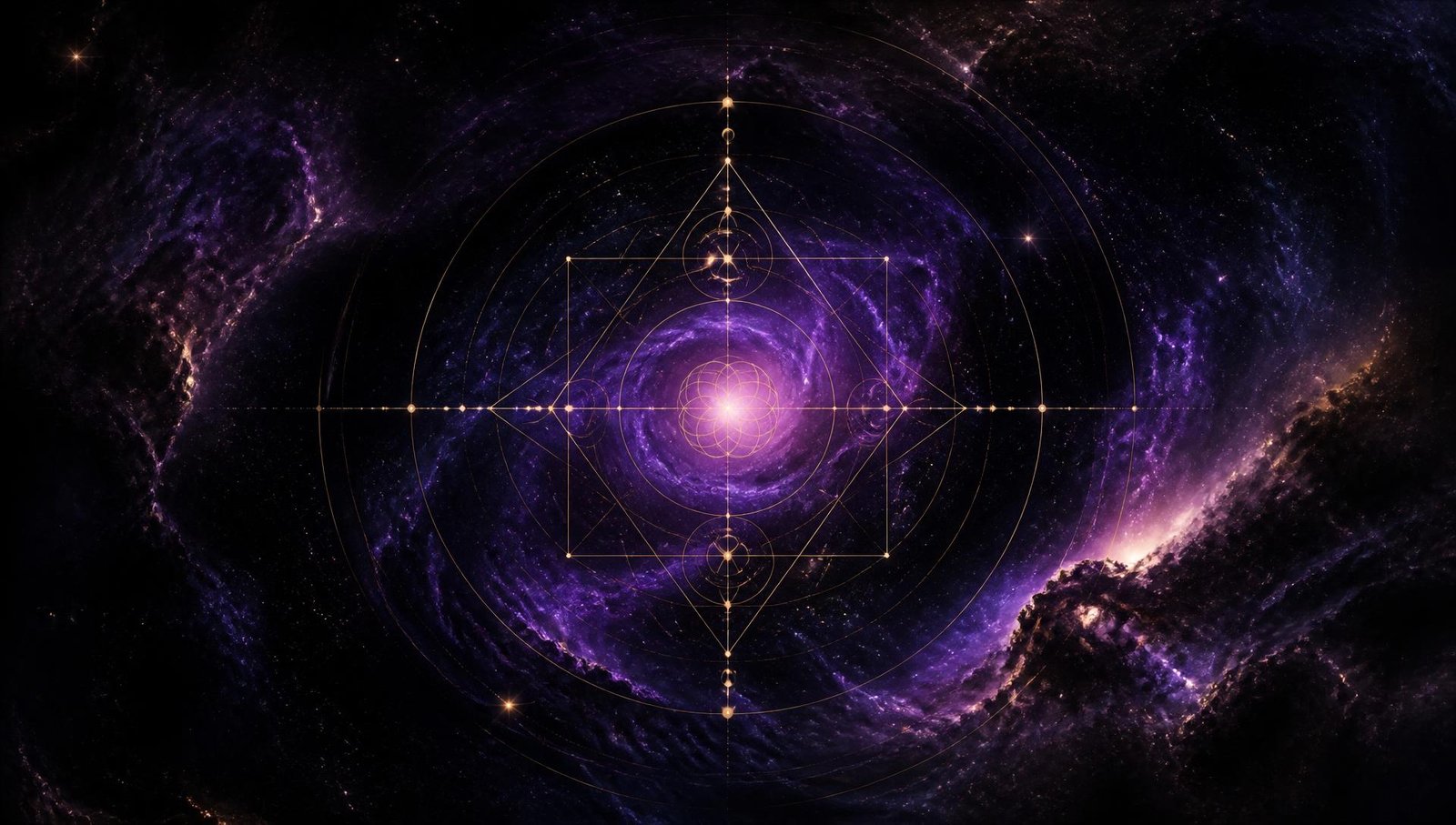 Golden sacred geometry over a deep purple galaxy