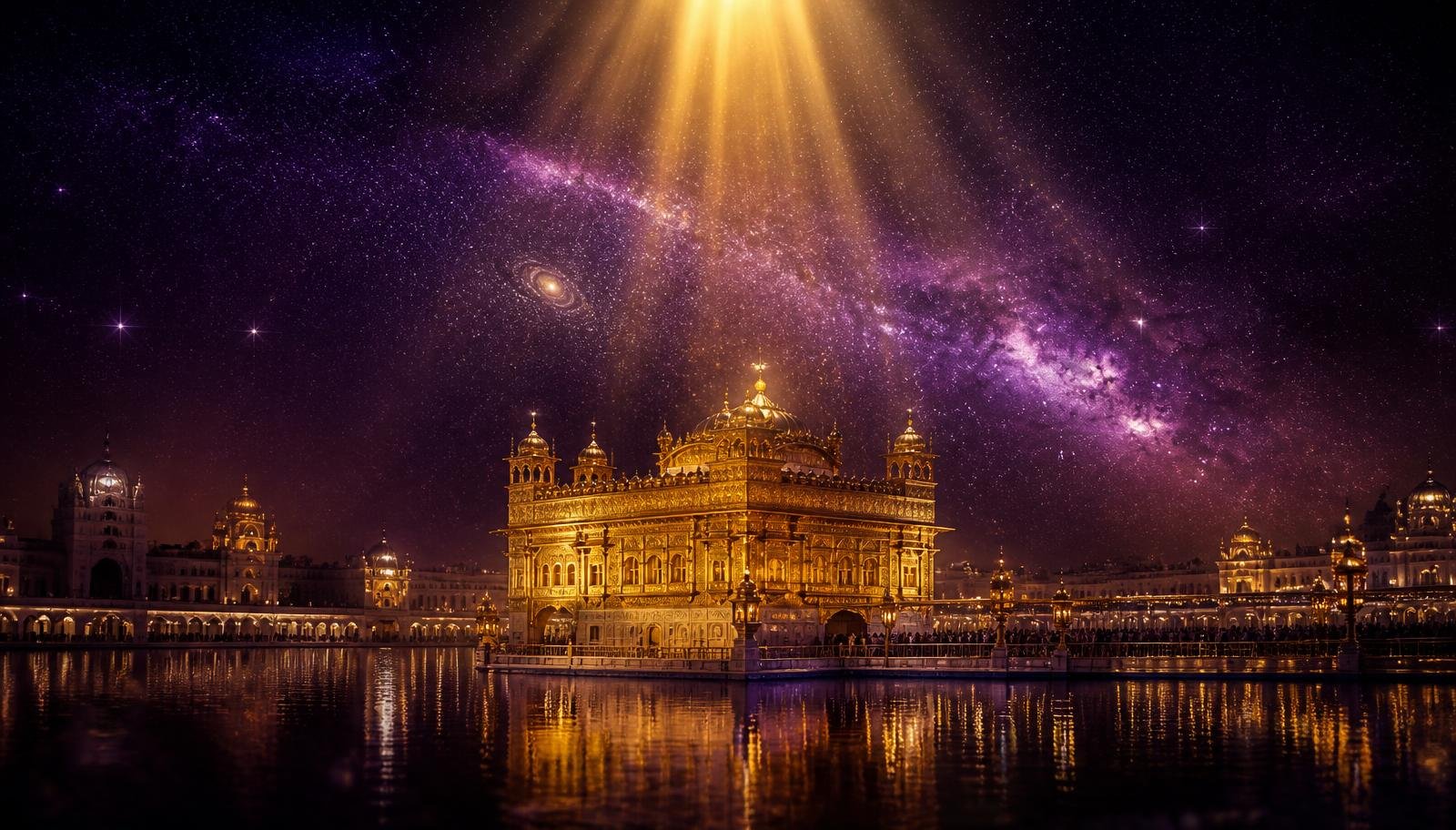 Golden temple beneath a purple galaxy sky